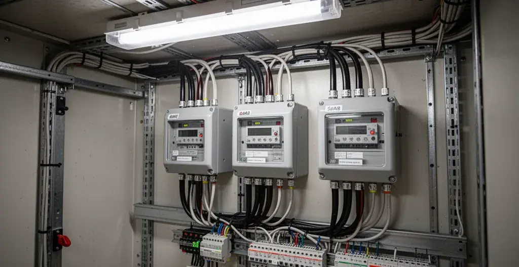 Compteur électrique industriel haute tension installé dans un local technique