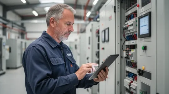 Technicien inspectant une armoire électrique haute tension dans un environnement industriel